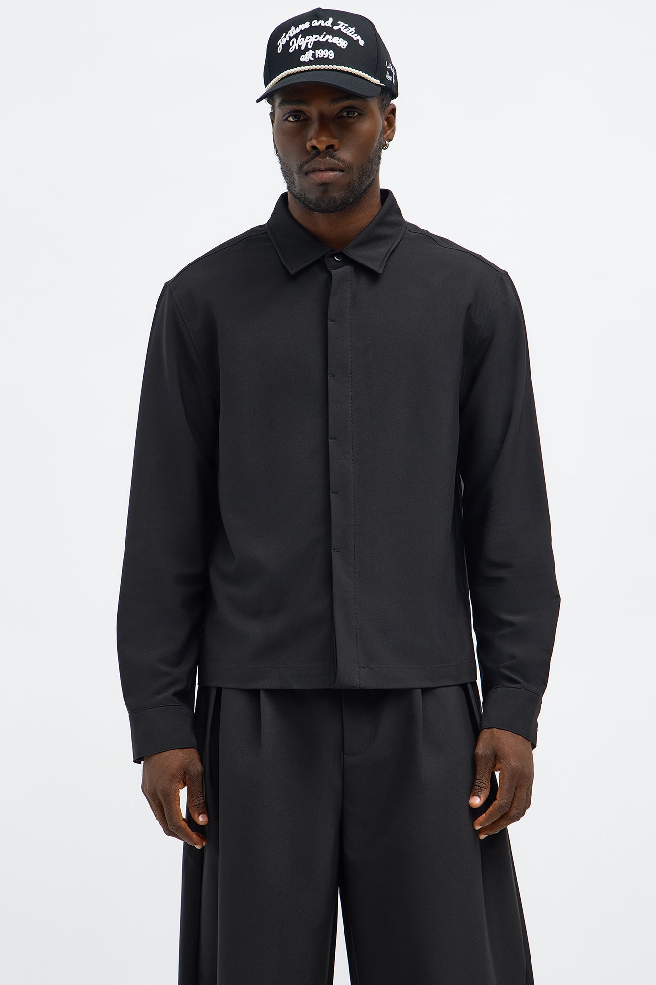 Cropped Bold Flow Button Up Shirt - Black
