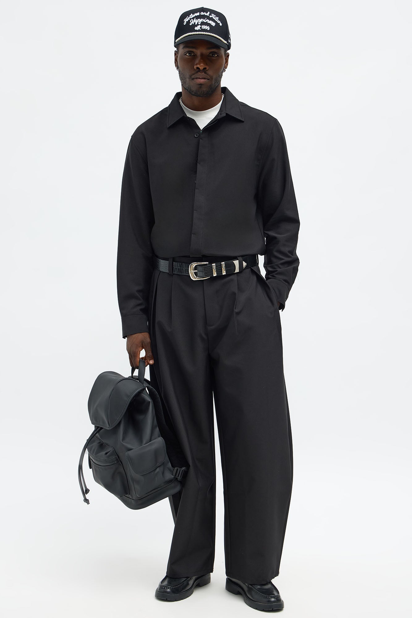 Cropped Bold Flow Button Up Shirt - Black