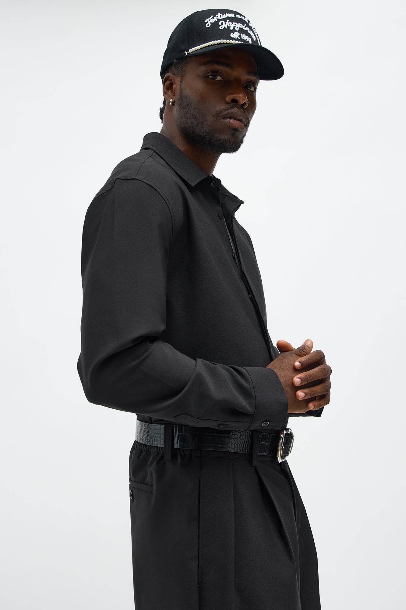 Cropped Bold Flow Button Up Shirt - Black