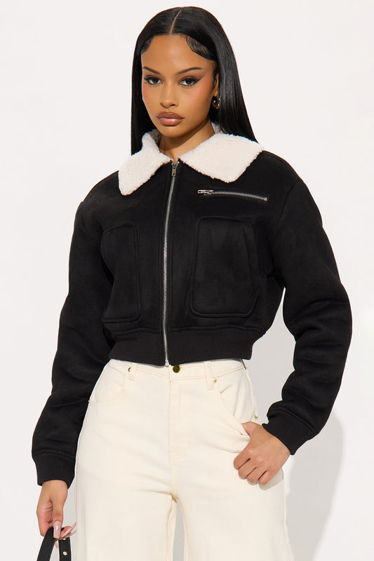 Jasmine Faux Suede Bomber Jacket - Black