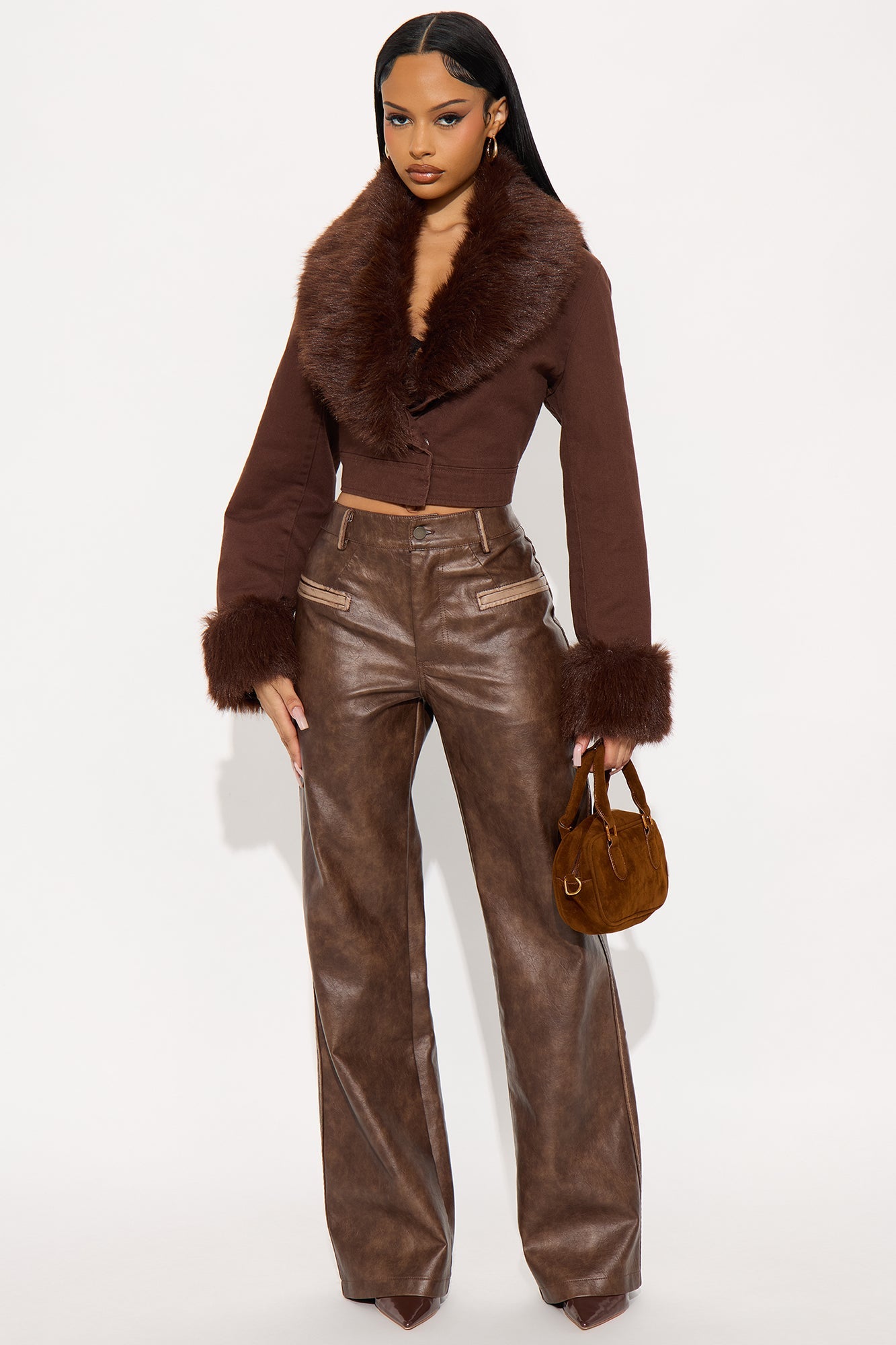 All For You Twill Faux Fur Trim Jacket - Brown