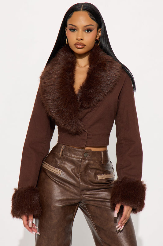 All For You Twill Faux Fur Trim Jacket - Brown