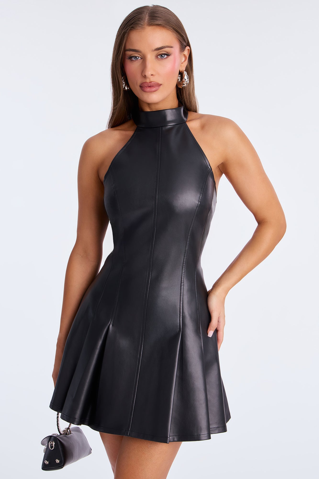 Bella Pleated Faux Leather Mini Dress - Black