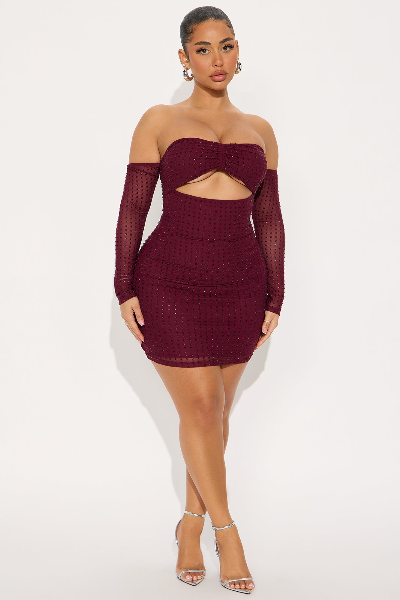 Feminine Aura Rhinestone Mini Dress - Wine