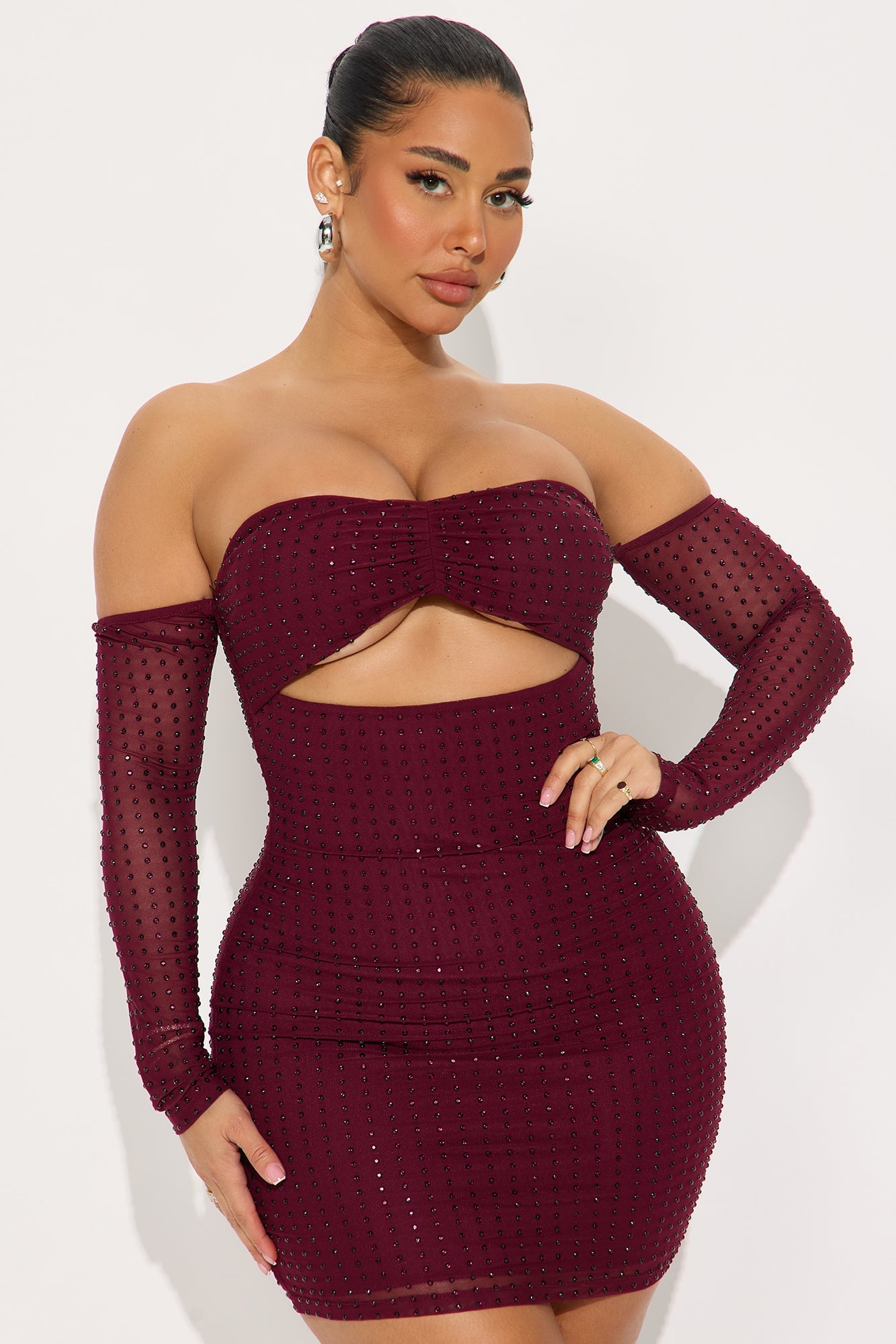 Feminine Aura Rhinestone Mini Dress - Wine