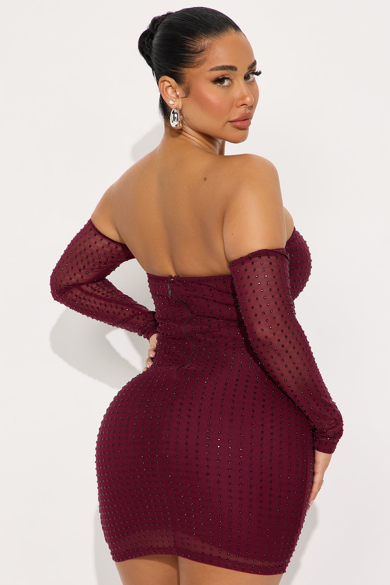 Feminine Aura Rhinestone Mini Dress - Wine