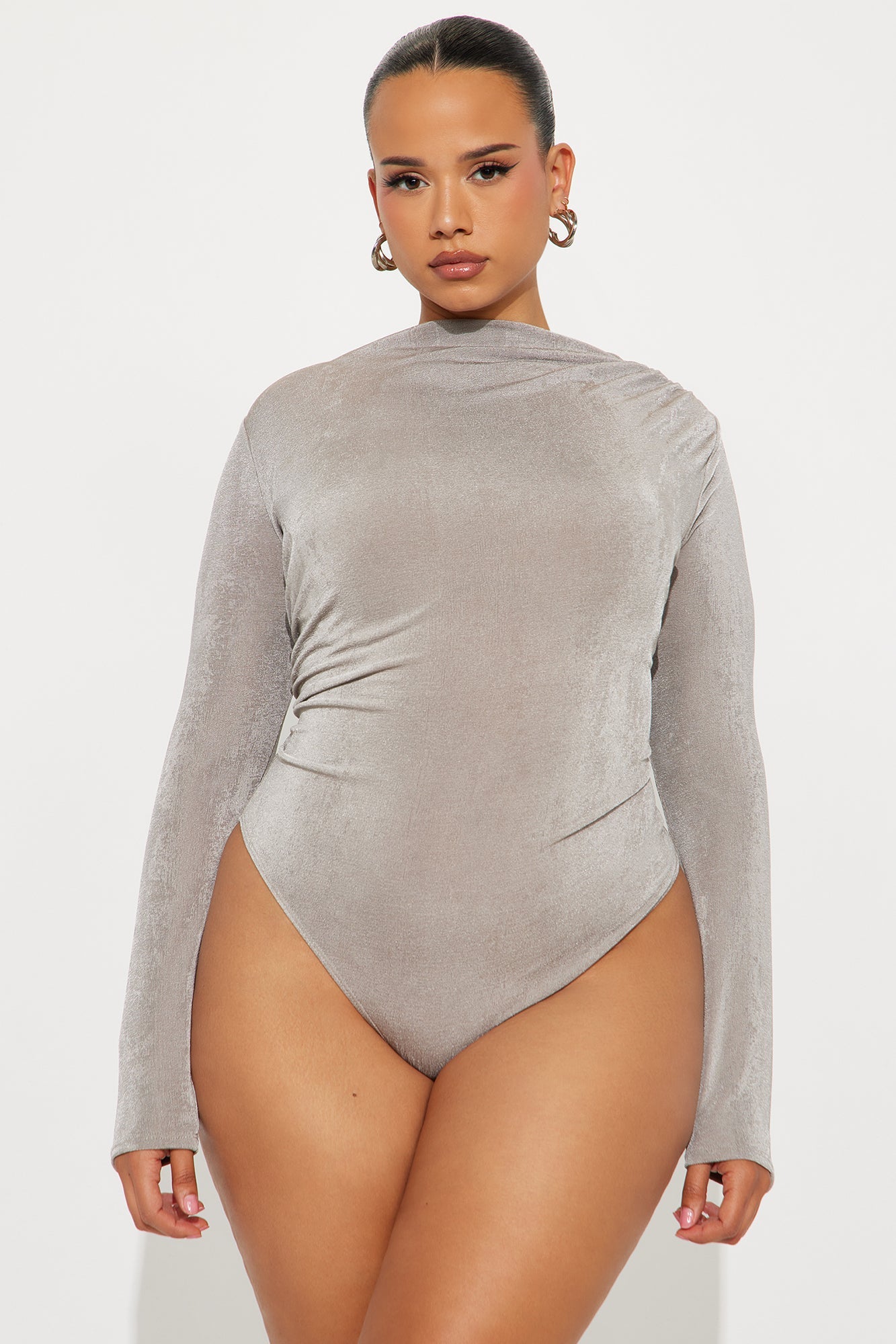 Amoret High Neck Long Sleeve Bodysuit - Silver