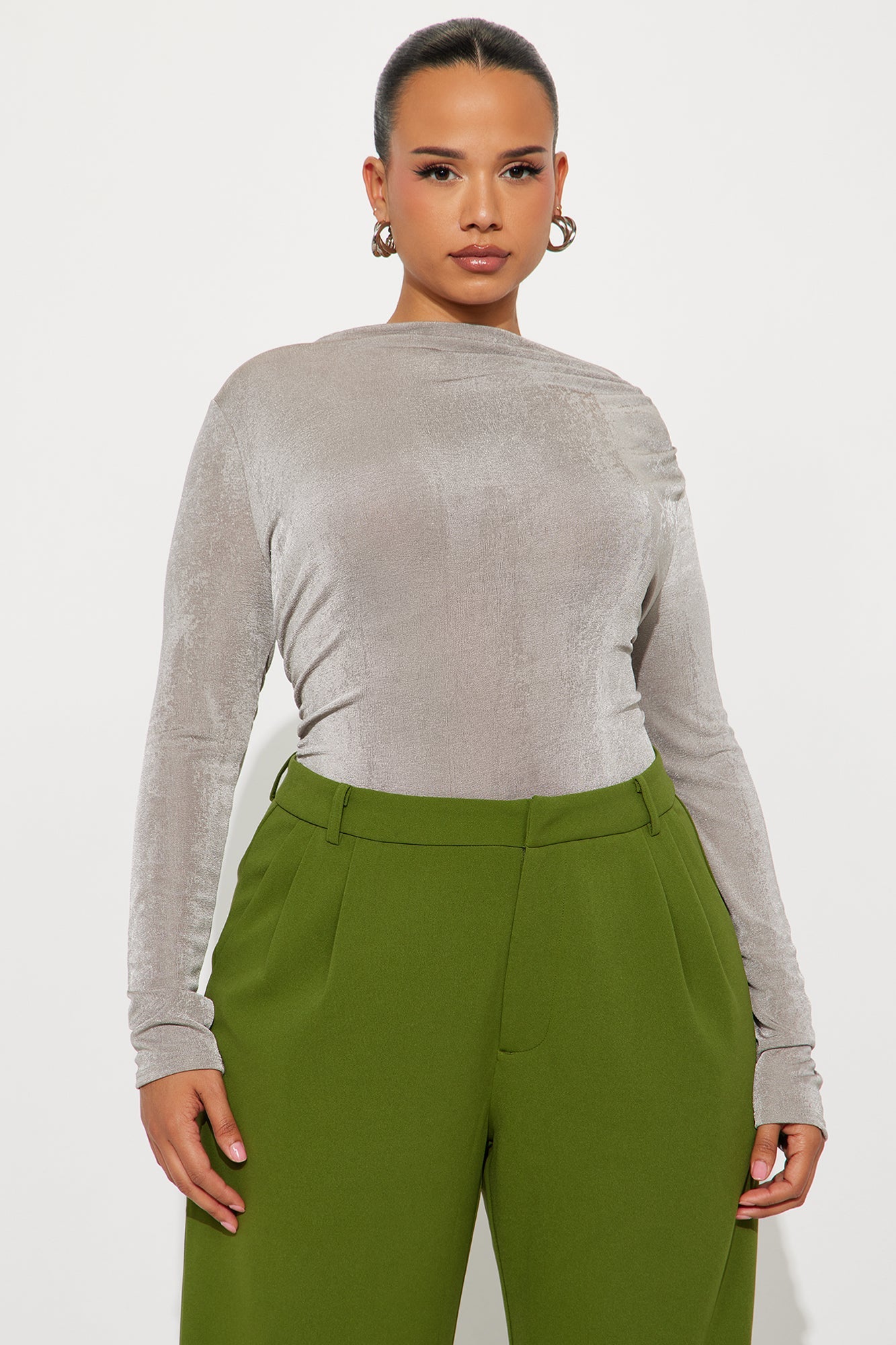 Amoret High Neck Long Sleeve Bodysuit - Silver