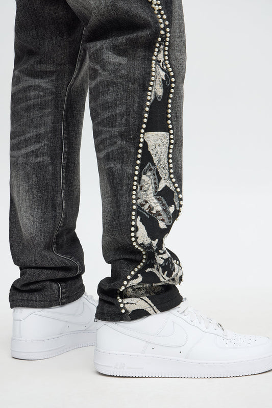 Straight Pearl Panel Tapestry Jean - Black Wash