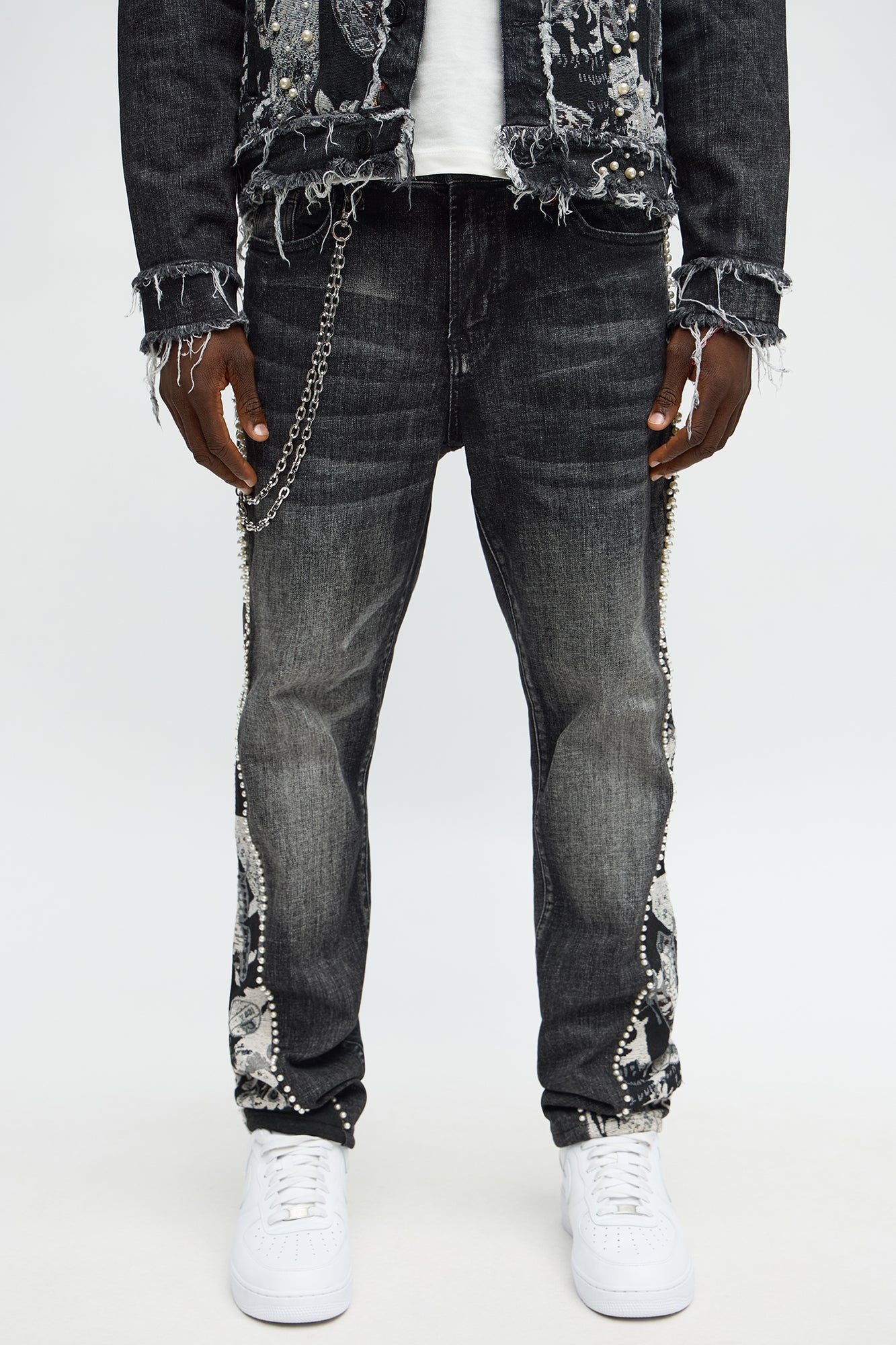 Straight Pearl Panel Tapestry Jean - Black Wash