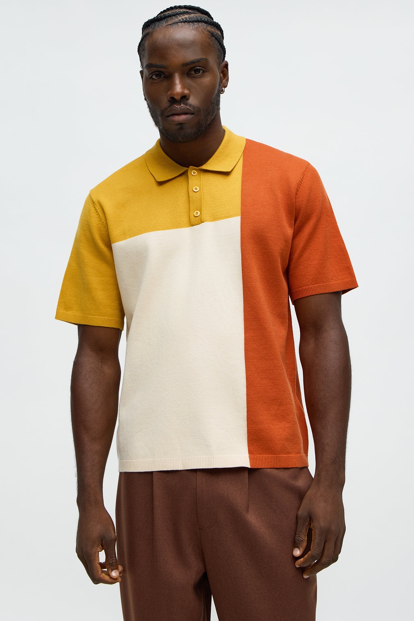 Tetris Color Blocked Knitted Polo - Mustard/combo