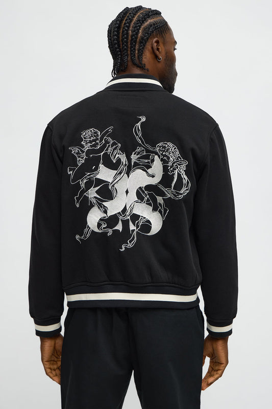Embroidered Angels Above Varsity Jacket - Black