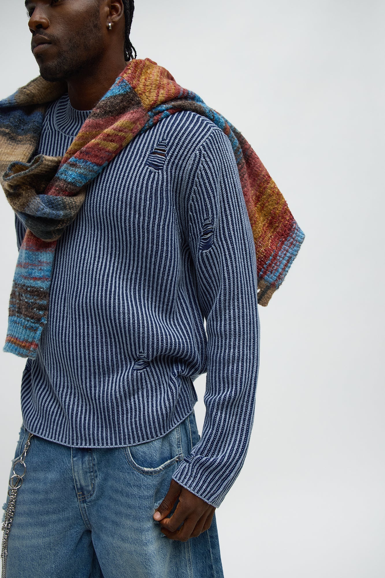 Cedarwood Distressed Mockneck Sweater - Blue/combo