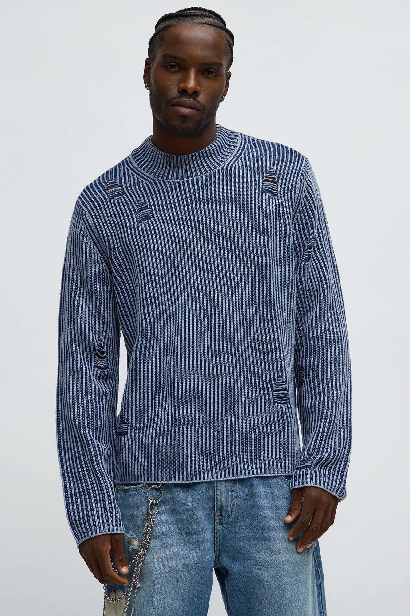 Cedarwood Distressed Mockneck Sweater - Blue/combo