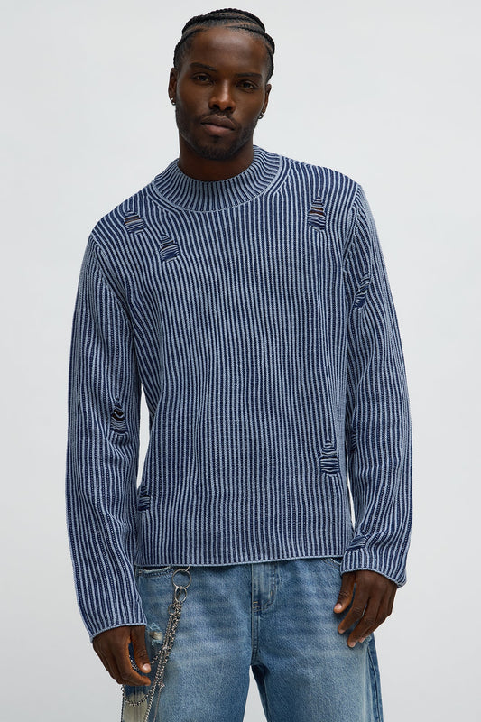 Cedarwood Distressed Mockneck Sweater - Blue/combo