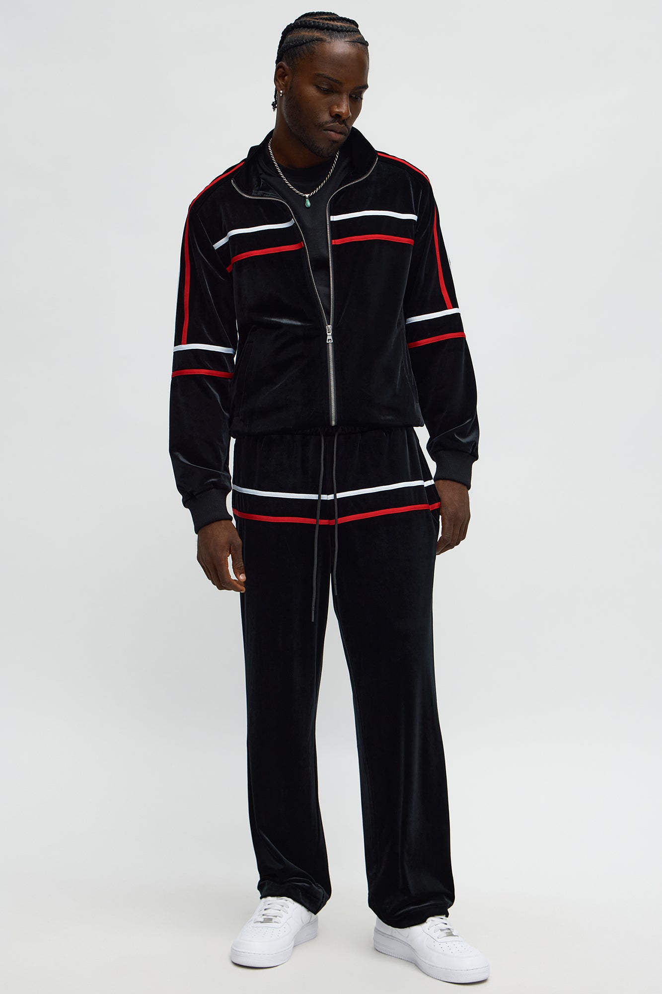 Velour Piped Courtside Straight Track Pant - Black/Red