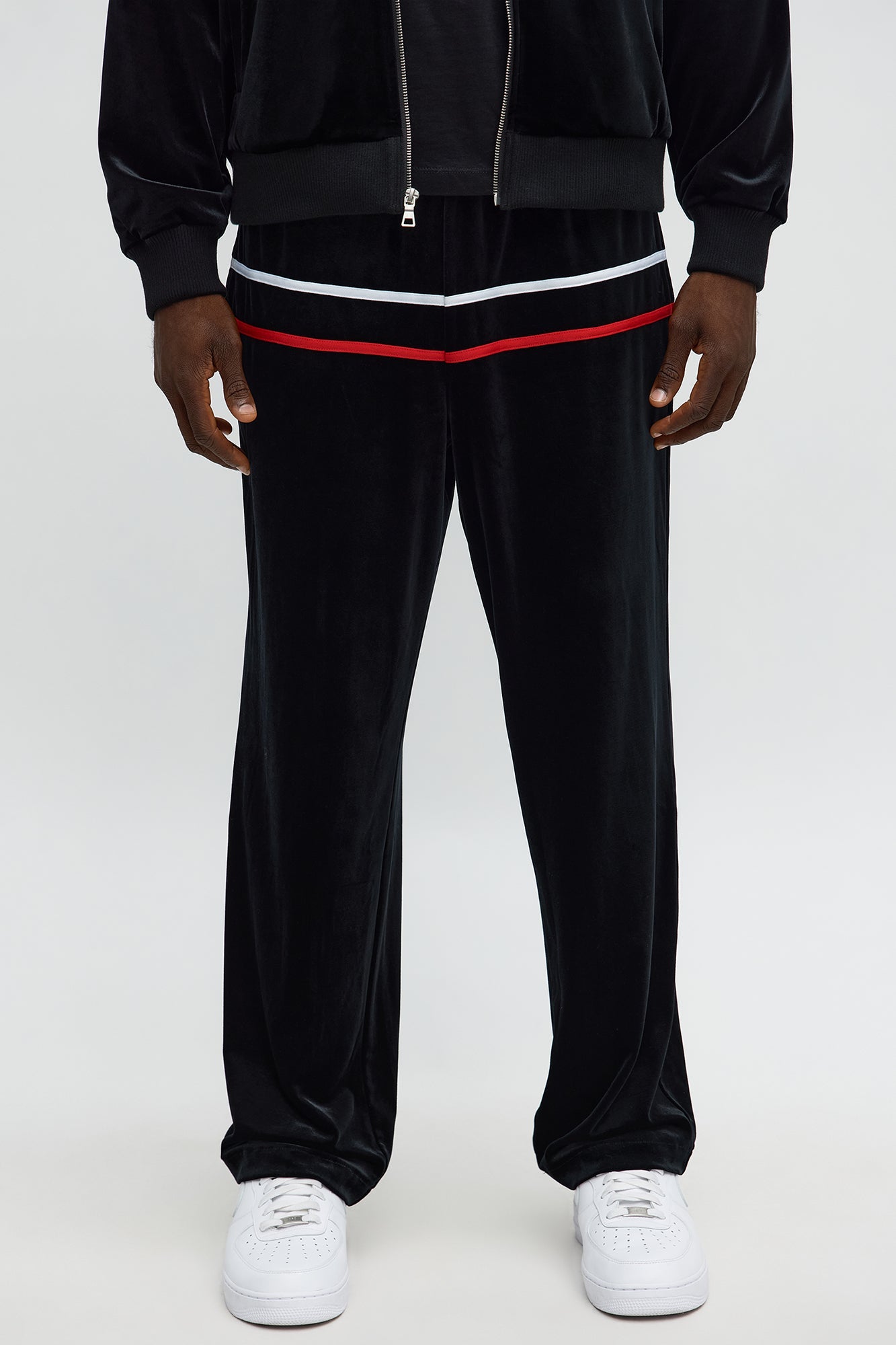 Velour Piped Courtside Straight Track Pant - Black/Red