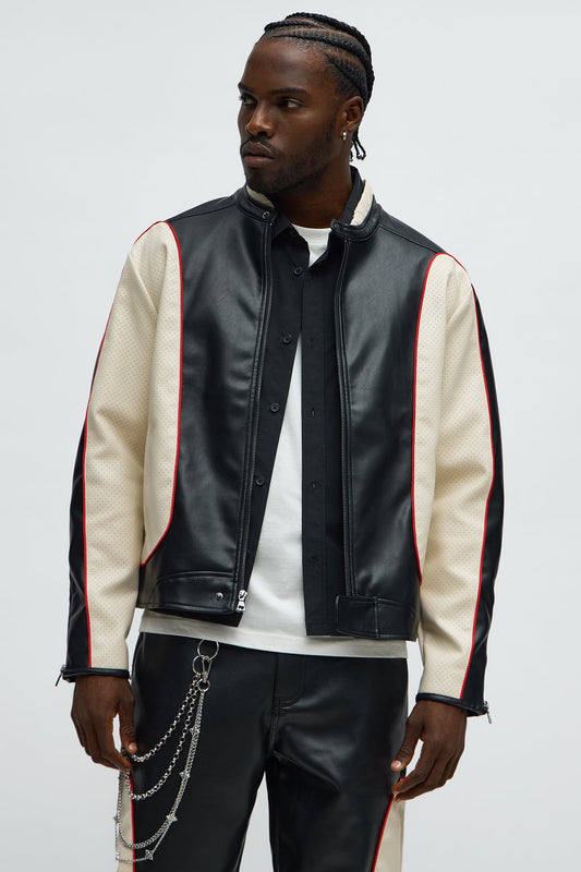 Relaxed Faux Leather Paneled Moto Jacket - Black/combo