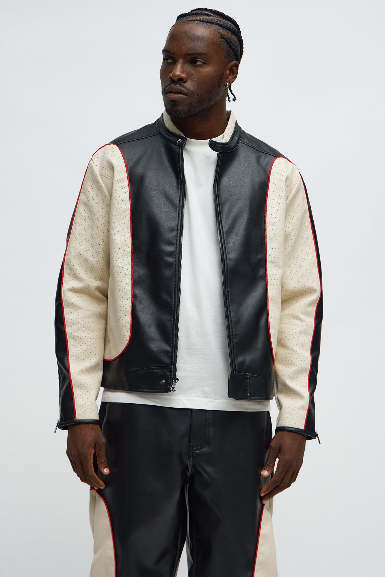 Relaxed Faux Leather Paneled Moto Jacket - Black/combo