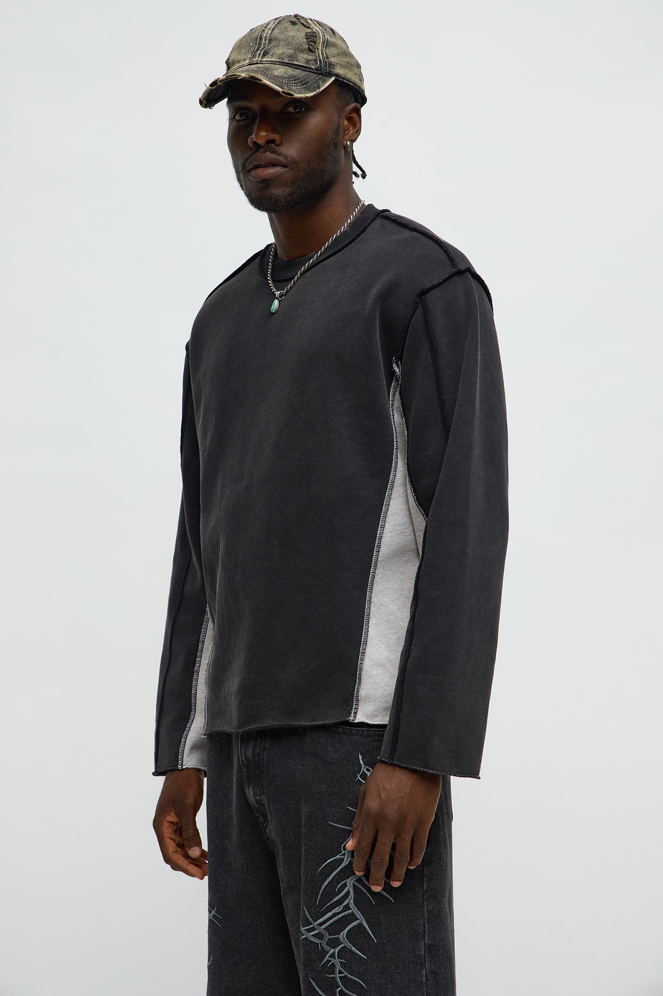 Tyson Relaxed Colorblock Panel Crewneck Sweatshirt - Black Wash