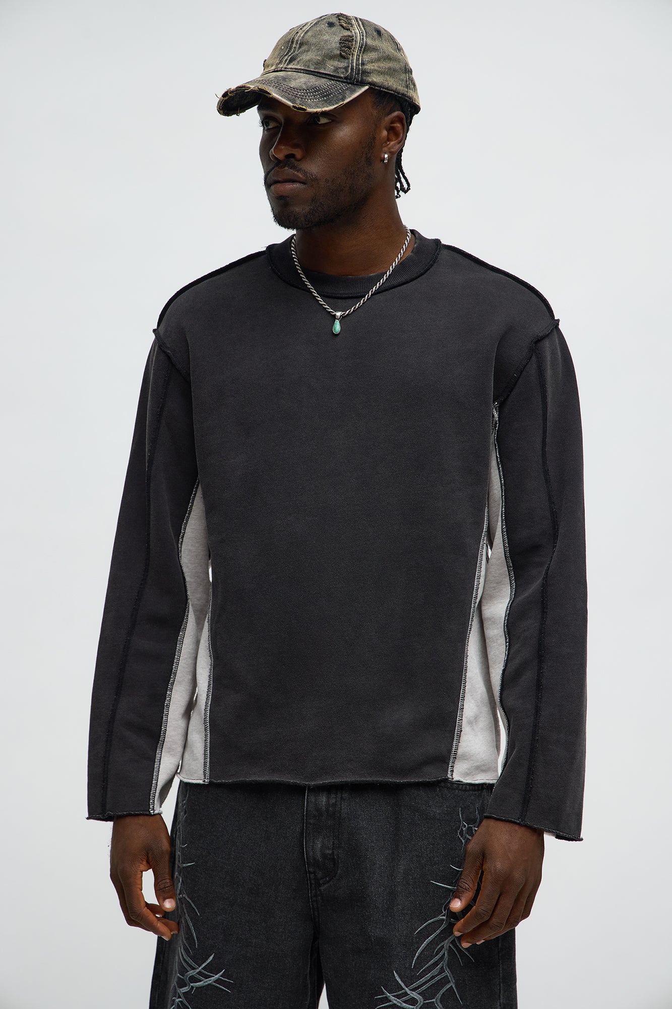 Tyson Relaxed Colorblock Panel Crewneck Sweatshirt - Black Wash