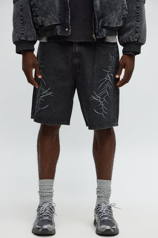 Relaxed Thread Bare Embroidered Denim Short - Black Wash