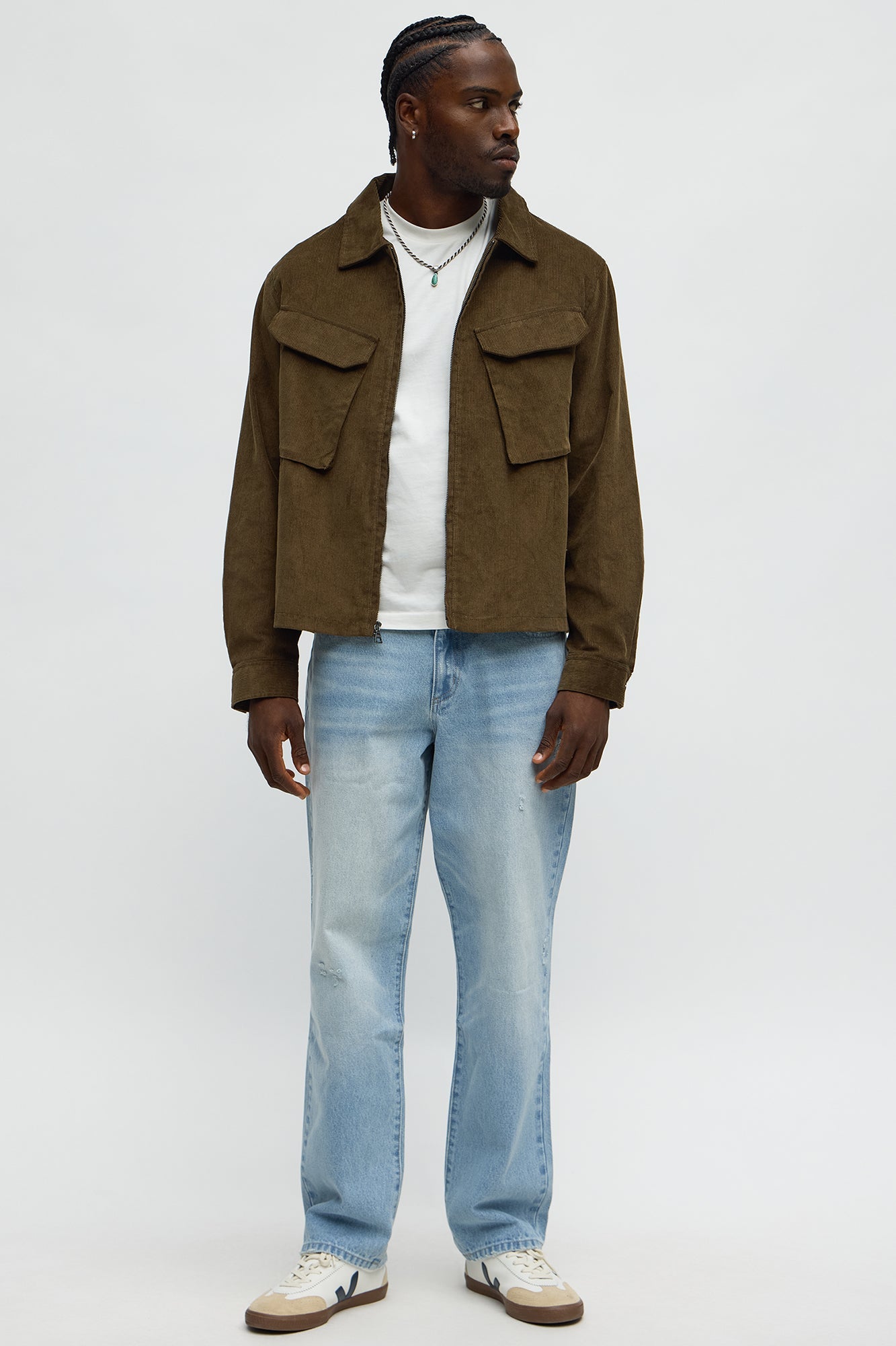 Textured Corduroy Cargo Pocket Zip Jacket - Brown