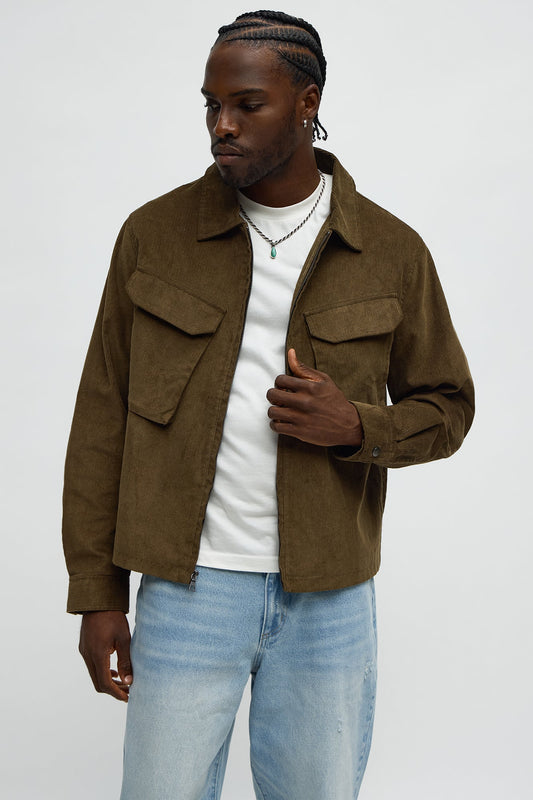 Textured Corduroy Cargo Pocket Zip Jacket - Brown