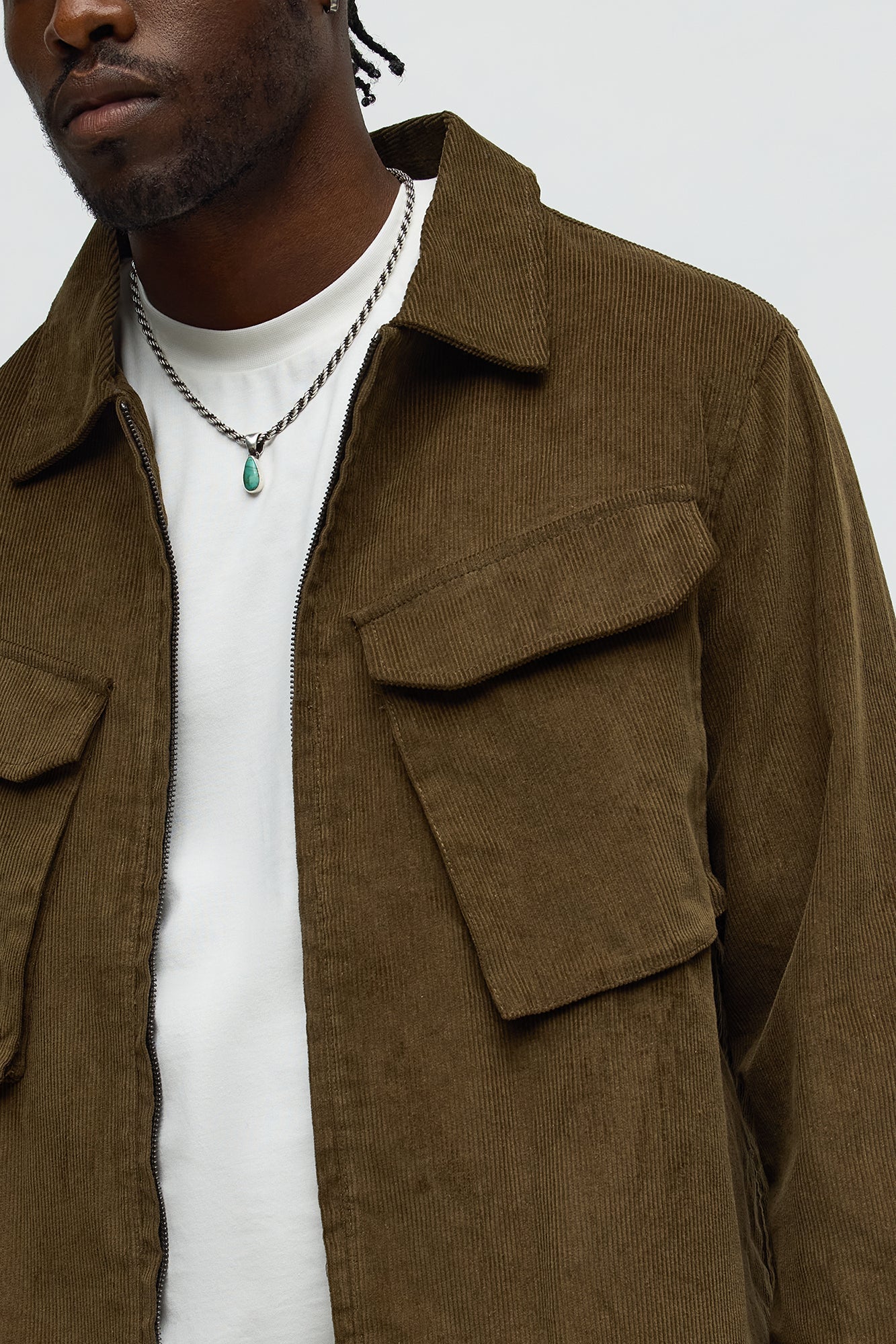 Textured Corduroy Cargo Pocket Zip Jacket - Brown