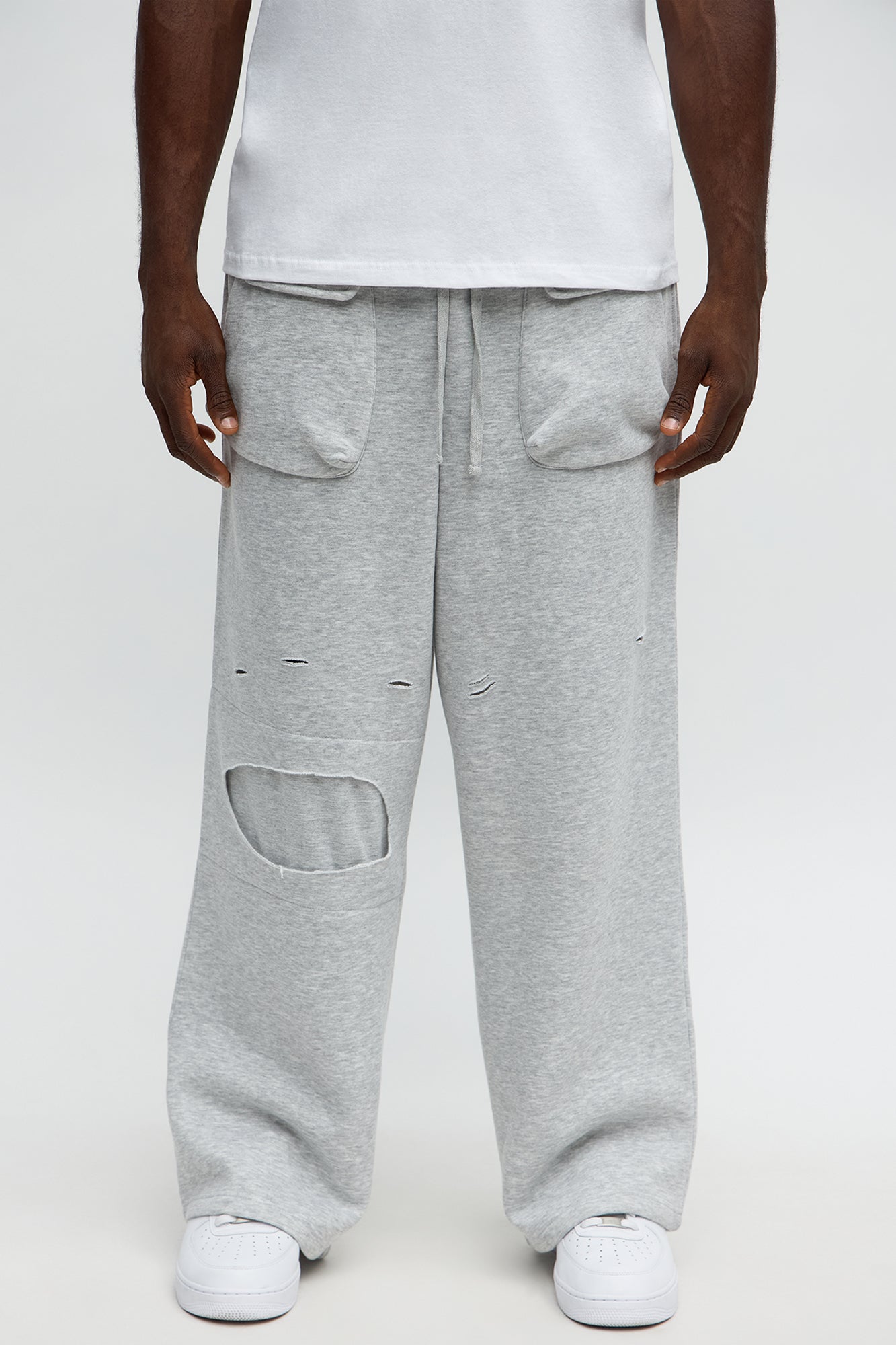 Baggy Snap Pocket Distressed Sweatpants - Heather Grey