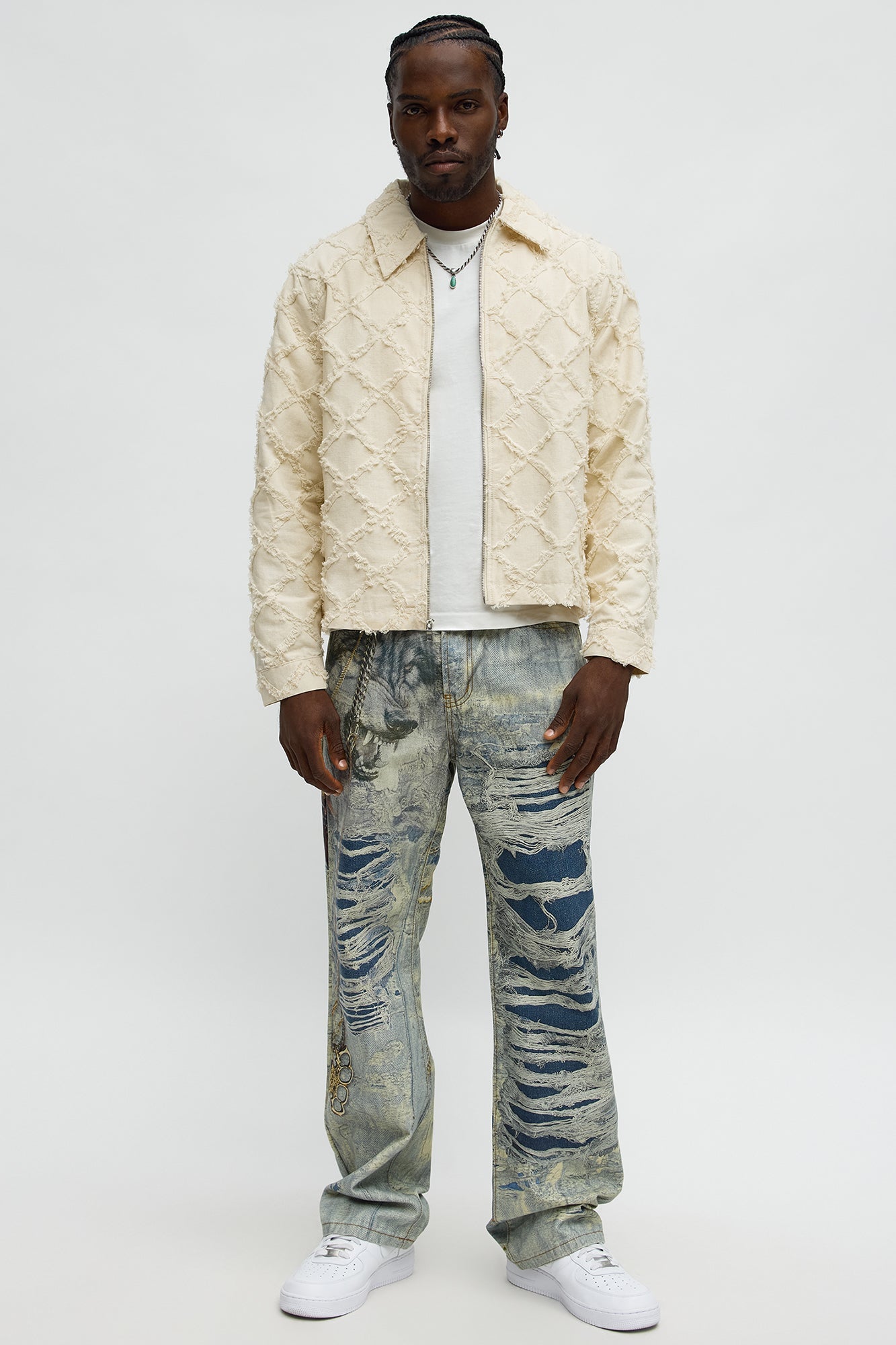 Textured Diamond Frayed Work Jacket - Cream