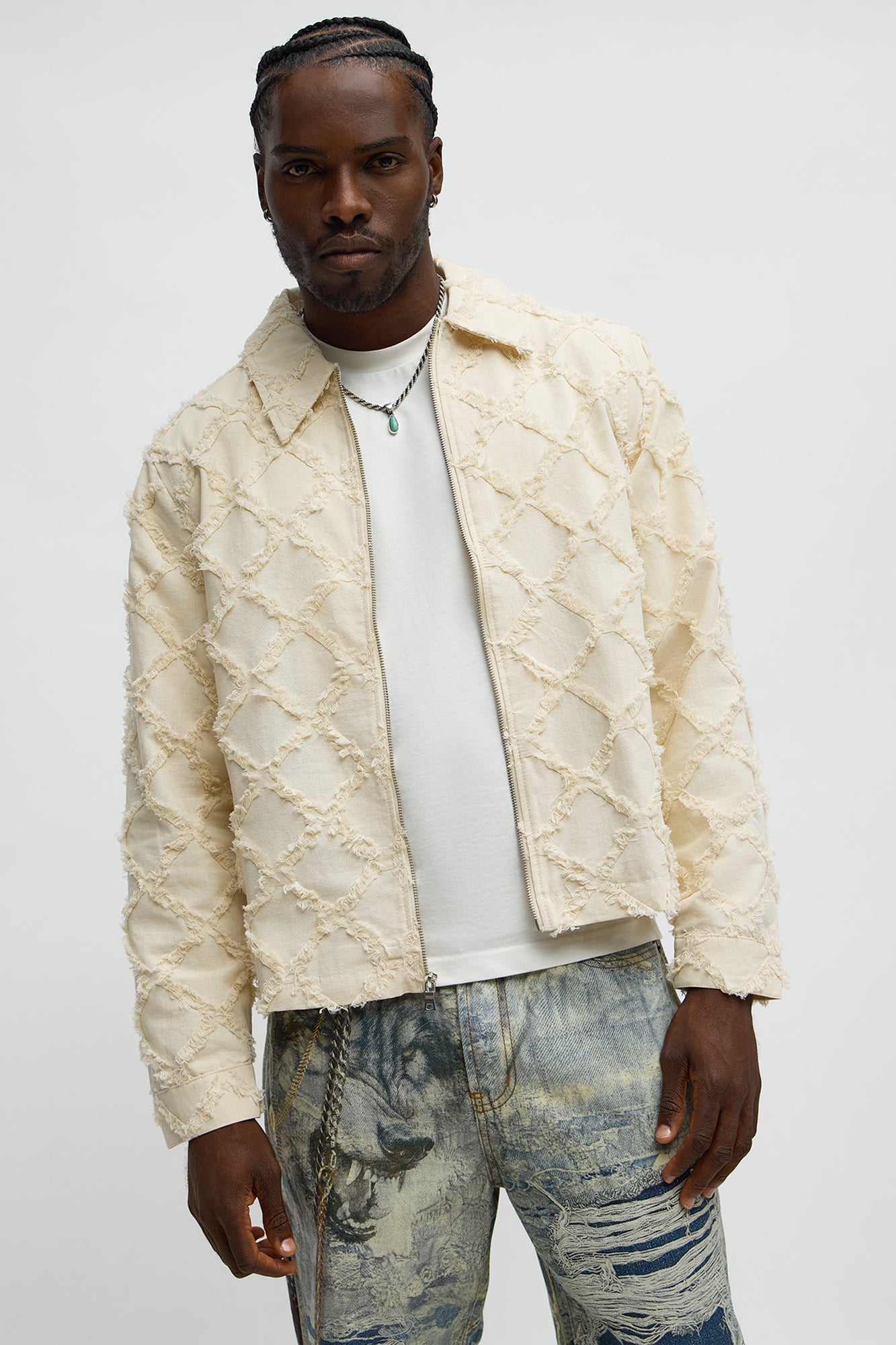 Textured Diamond Frayed Work Jacket - Cream