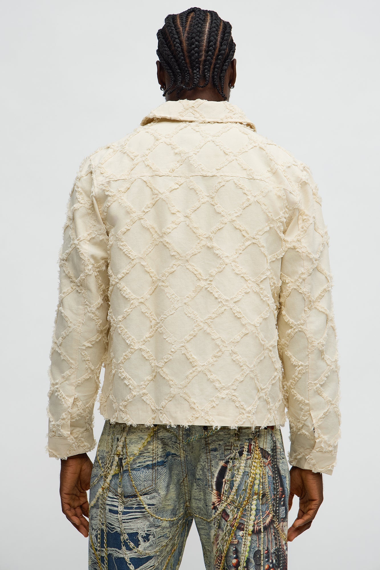 Textured Diamond Frayed Work Jacket - Cream