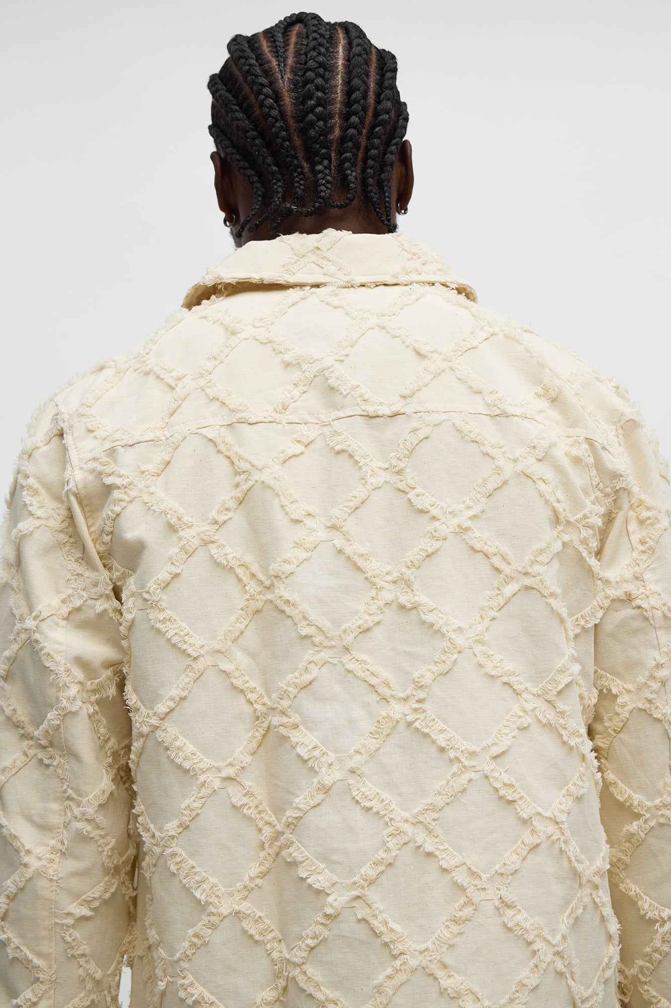 Textured Diamond Frayed Work Jacket - Cream