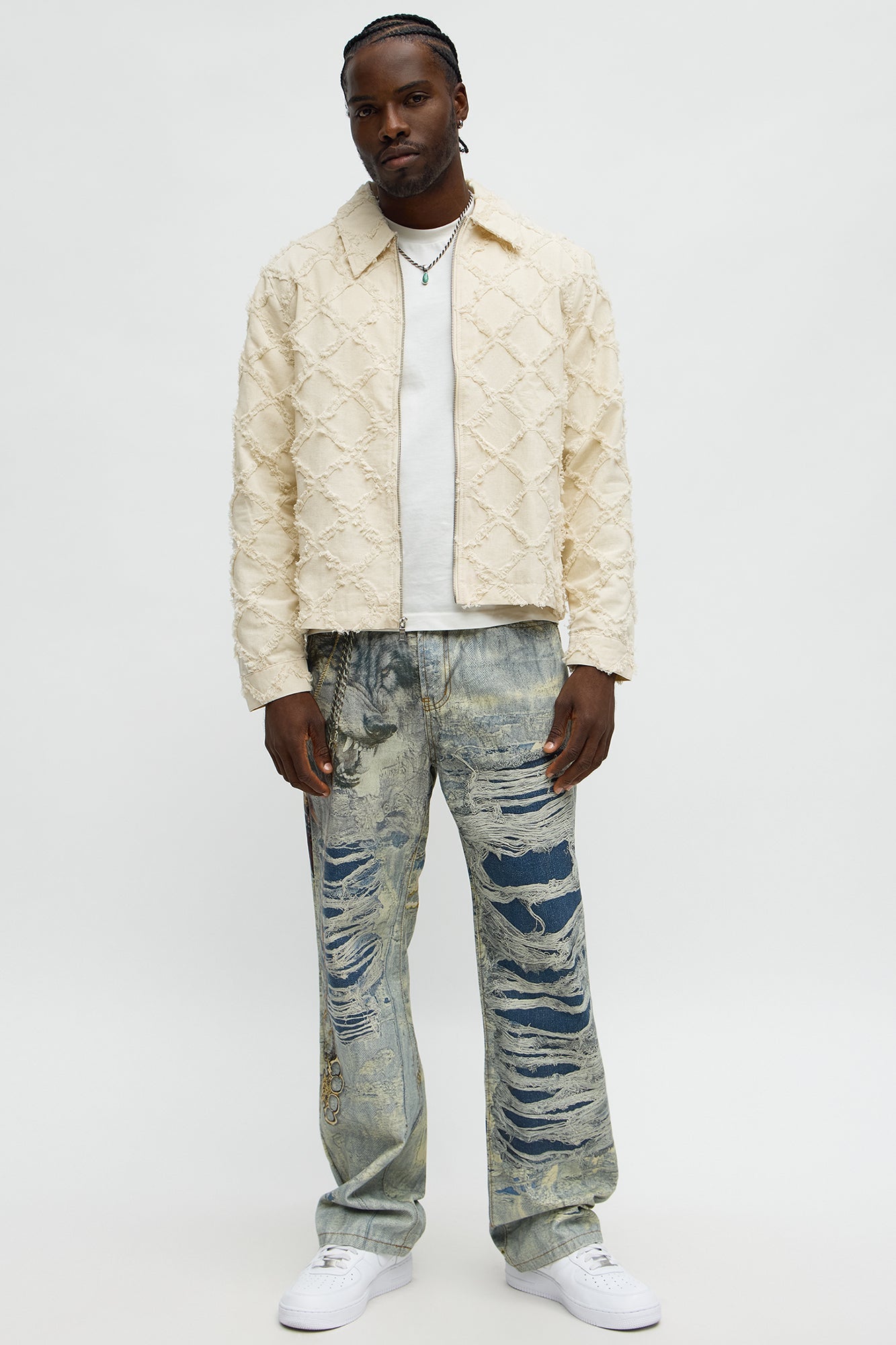 Baggy Got My Chains Distressed Printed Jean - Light Wash