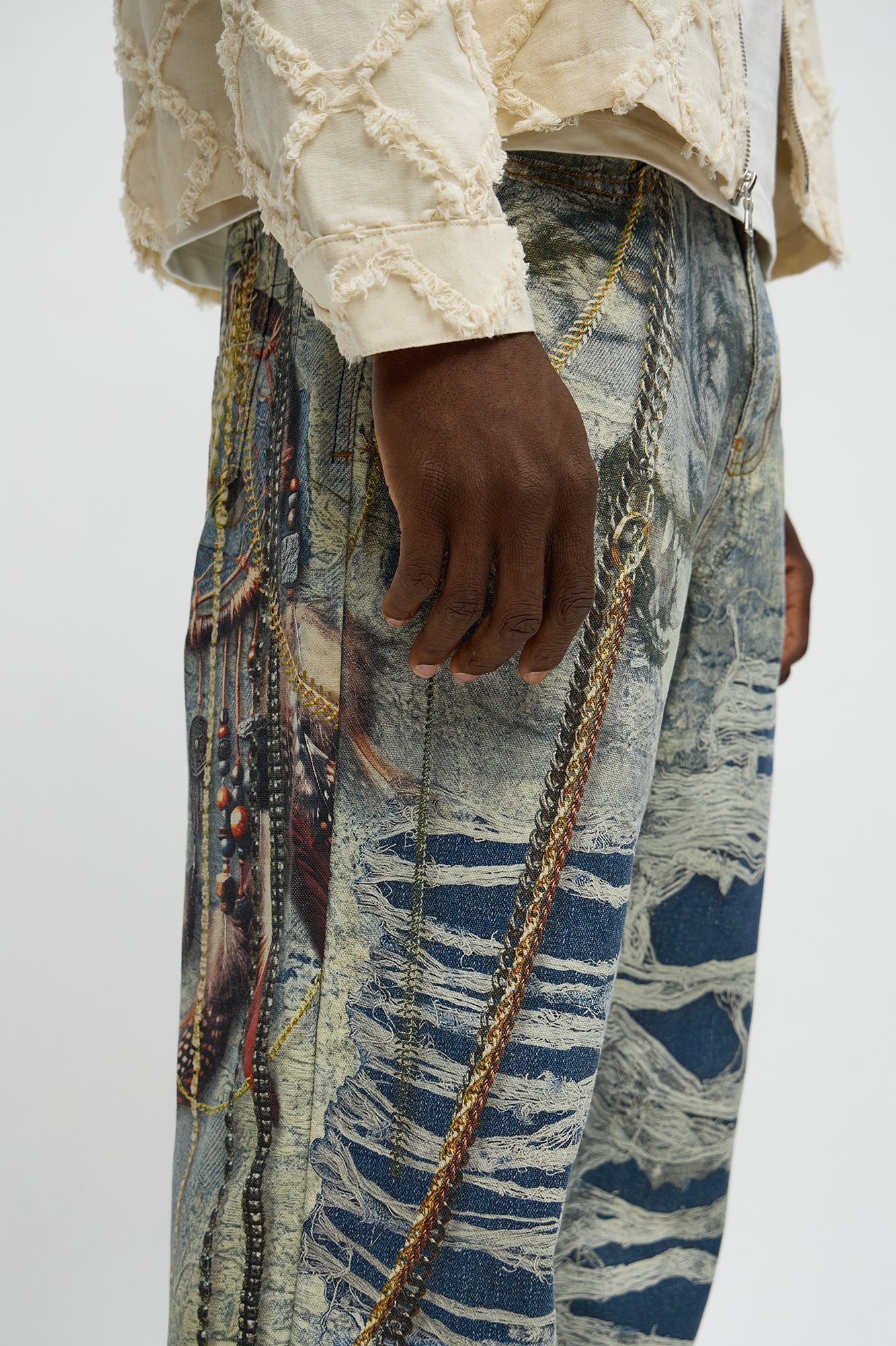 Baggy Got My Chains Distressed Printed Jean - Light Wash