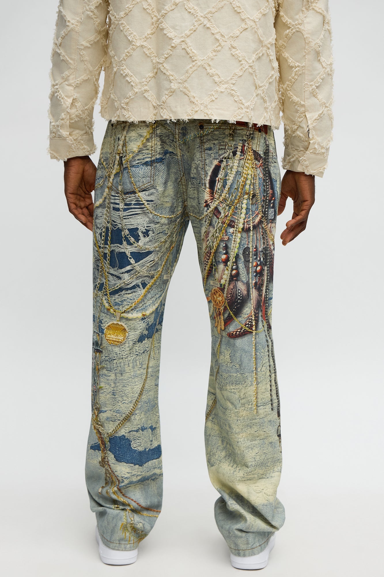 Baggy Got My Chains Distressed Printed Jean - Light Wash