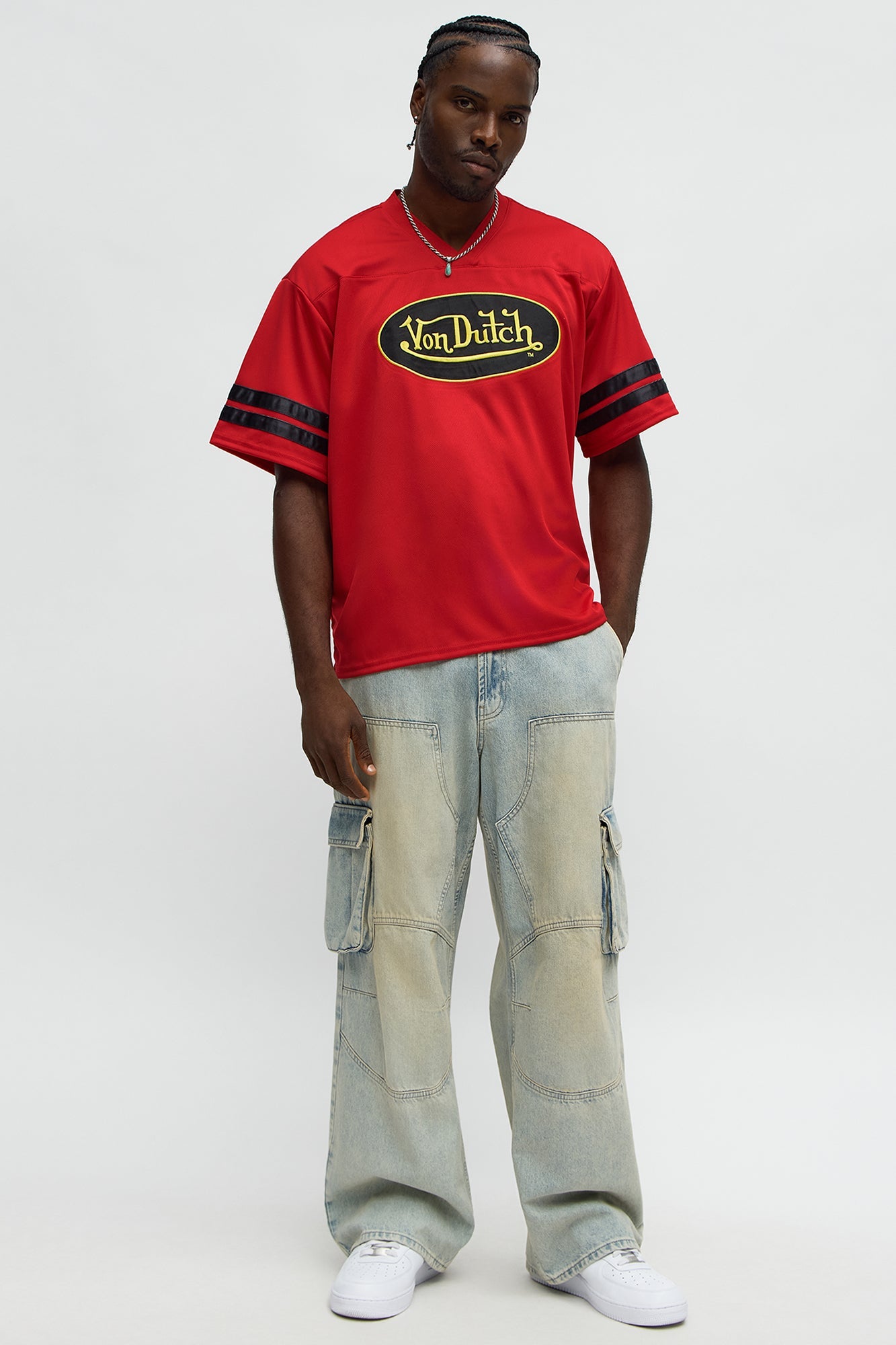 Von Dutch Center Patch V Neck Tee - Red/combo