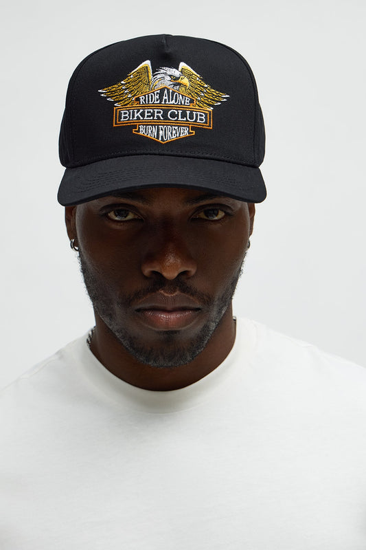 Biker Club Structured Snapback Hat - Black