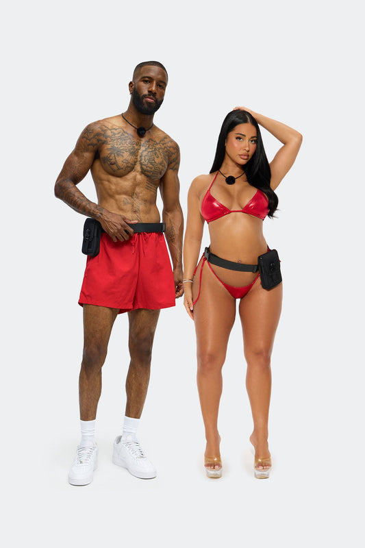 Male Villa Bombshell 3 Piece Swim Trunk And Mic Halloween Costume - Red