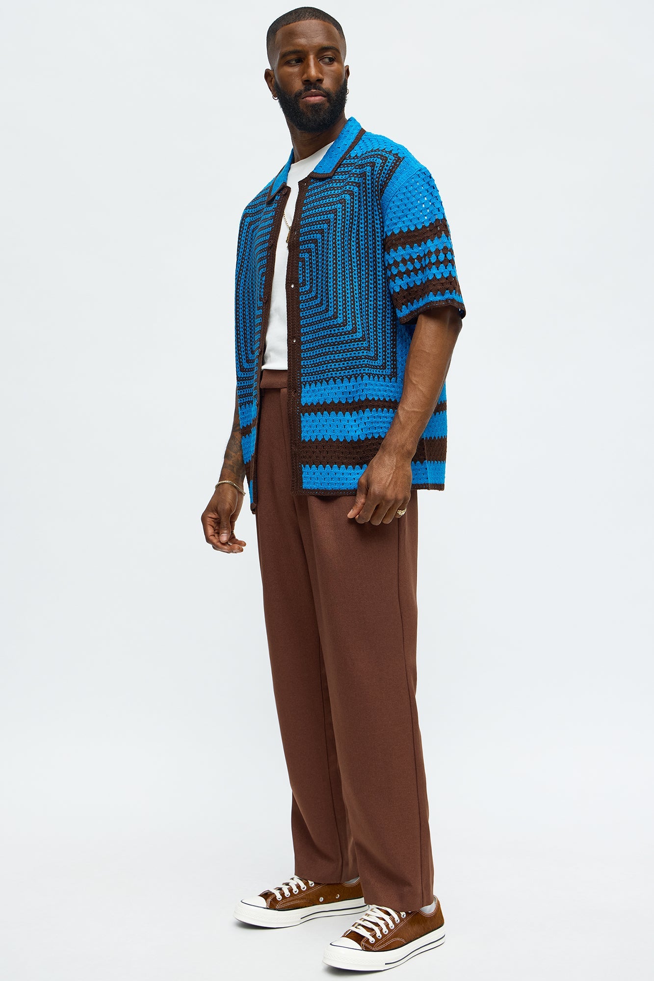 Kilim Geo Crochet Knit Shirt - Blue/combo