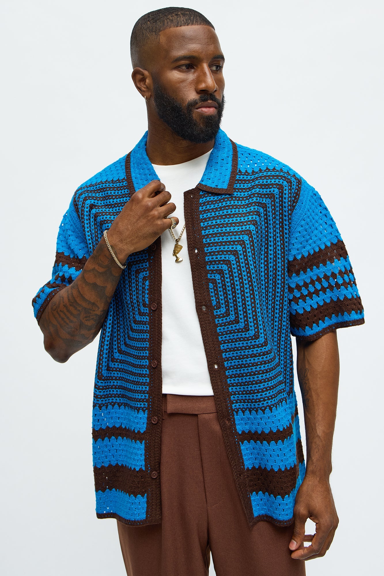 Kilim Geo Crochet Knit Shirt - Blue/combo