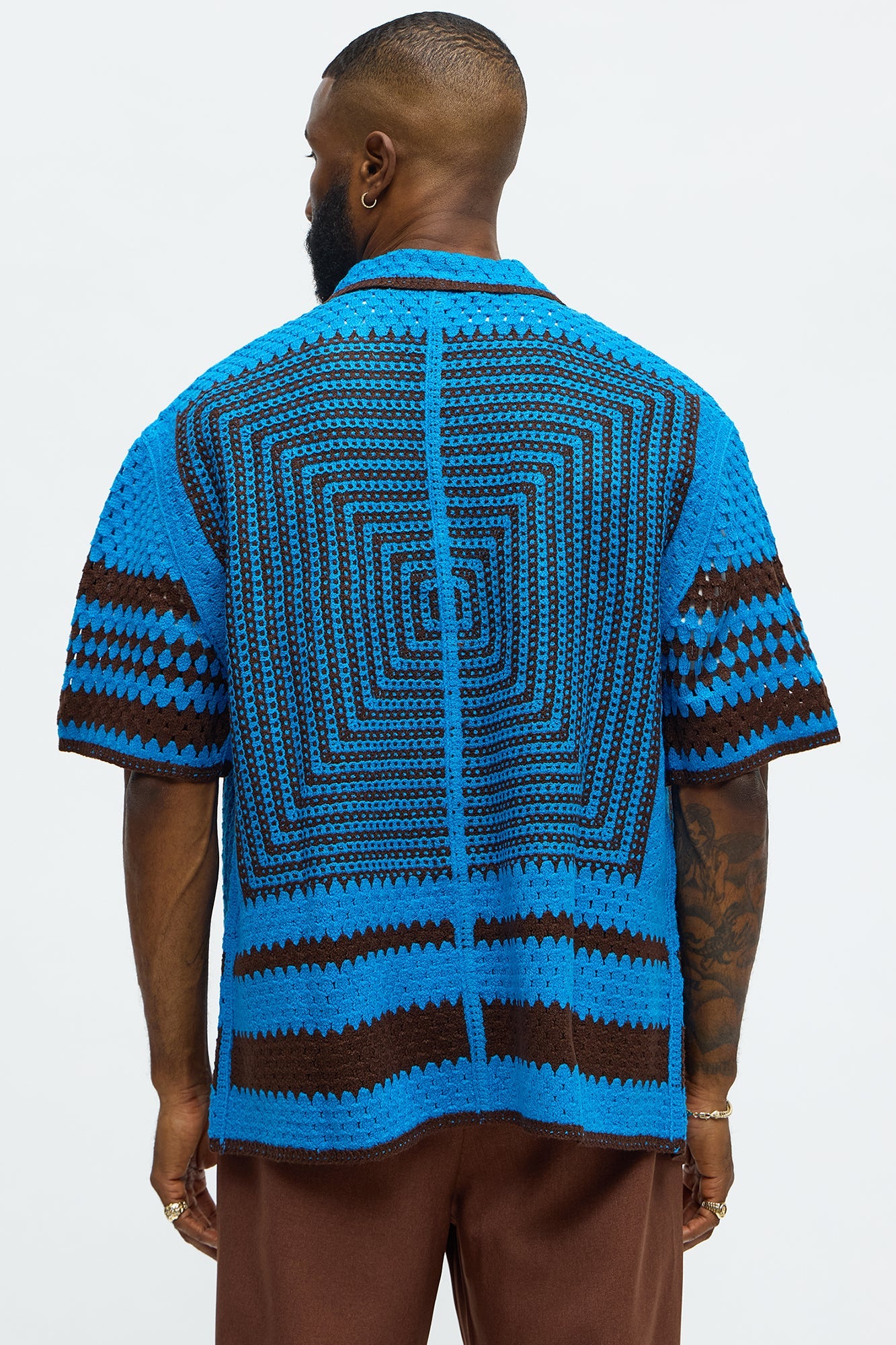 Kilim Geo Crochet Knit Shirt - Blue/combo