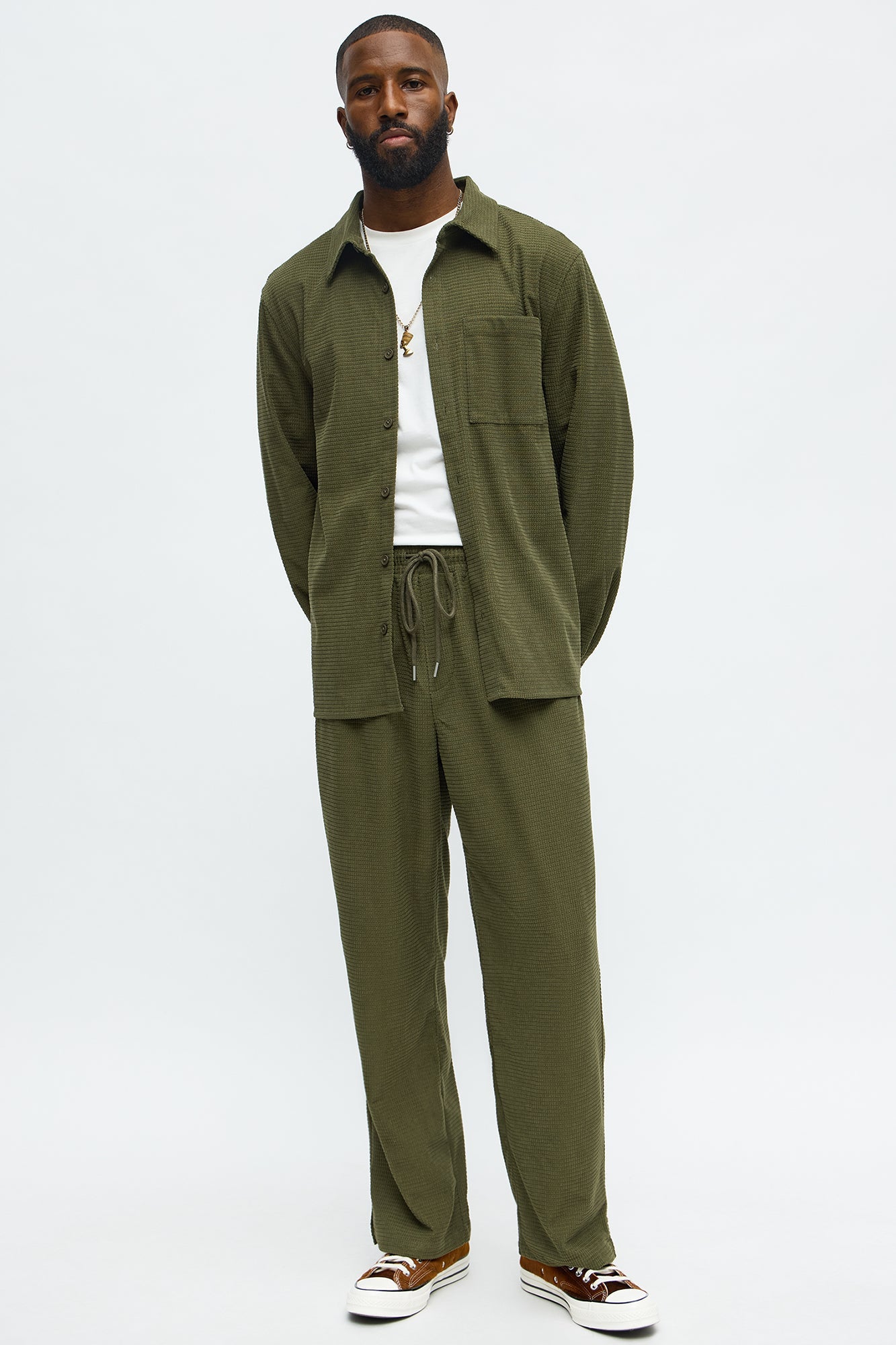 Slow Burn Textured Long Sleeve Button Up Shirt - Olive