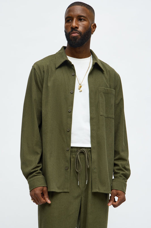 Slow Burn Textured Long Sleeve Button Up Shirt - Olive