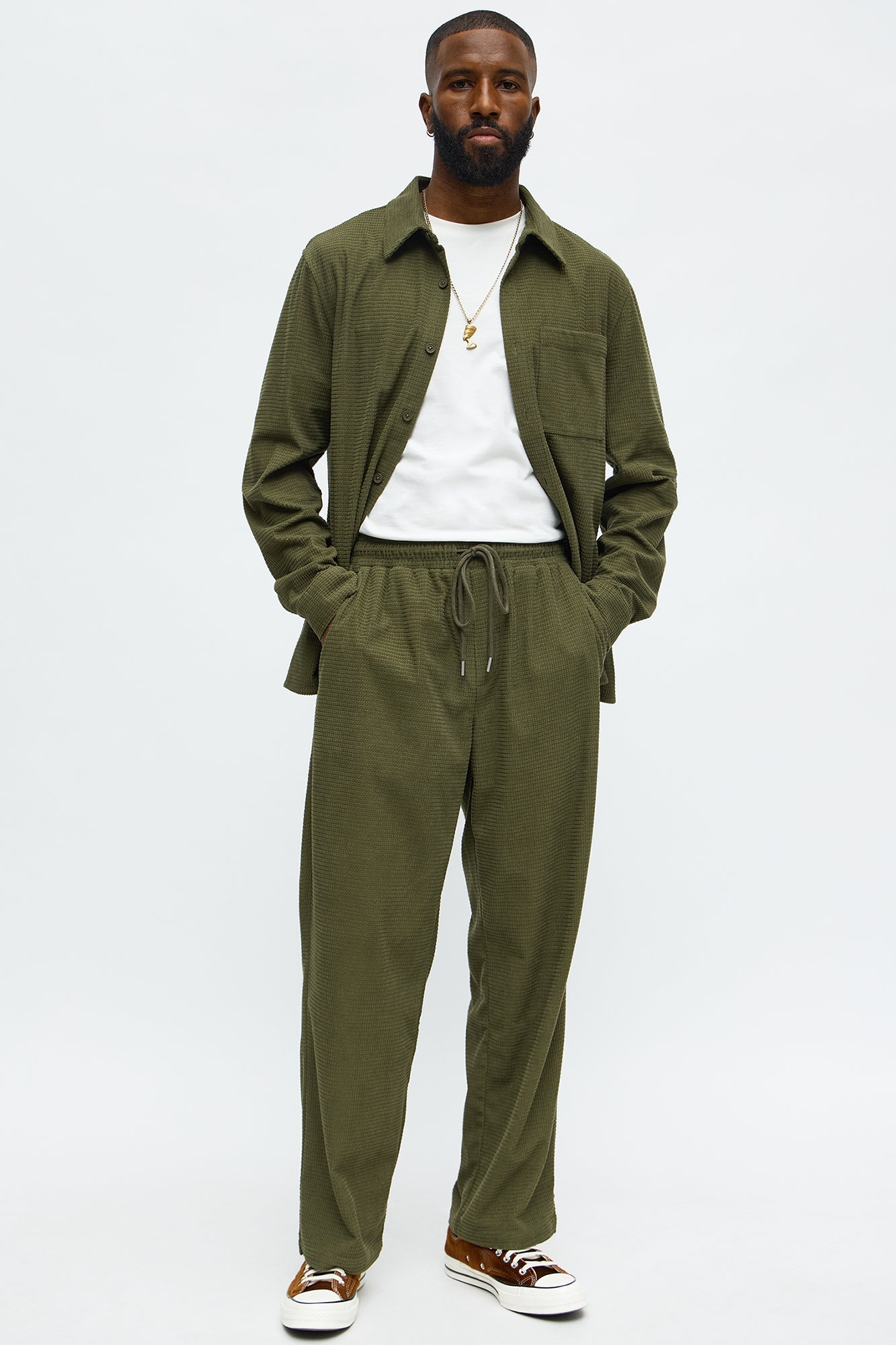 Straight Slow Burn Textured Slit Pant - Olive