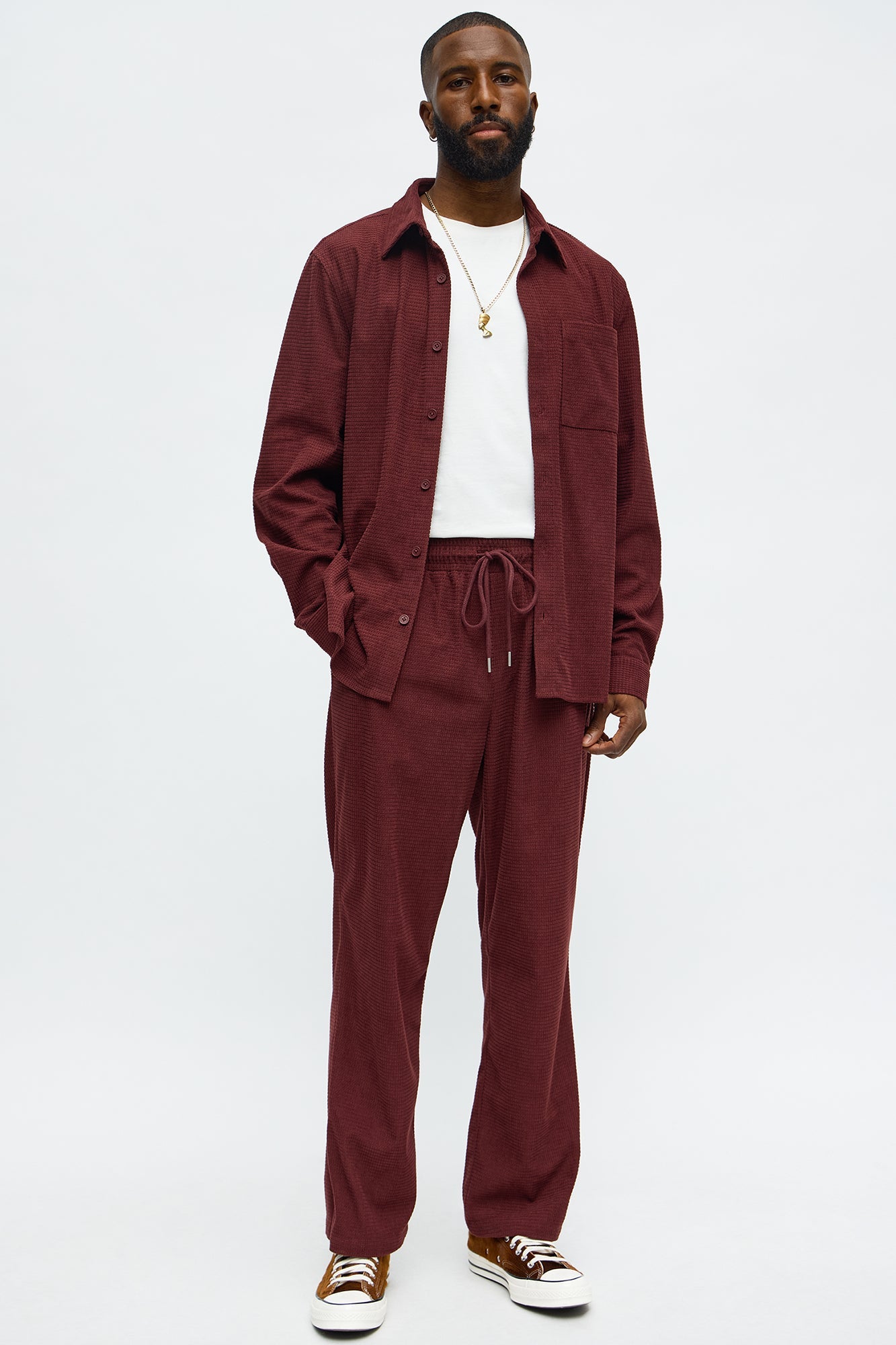 Slow Burn Textured Long Sleeve Button Up Shirt - Burgundy