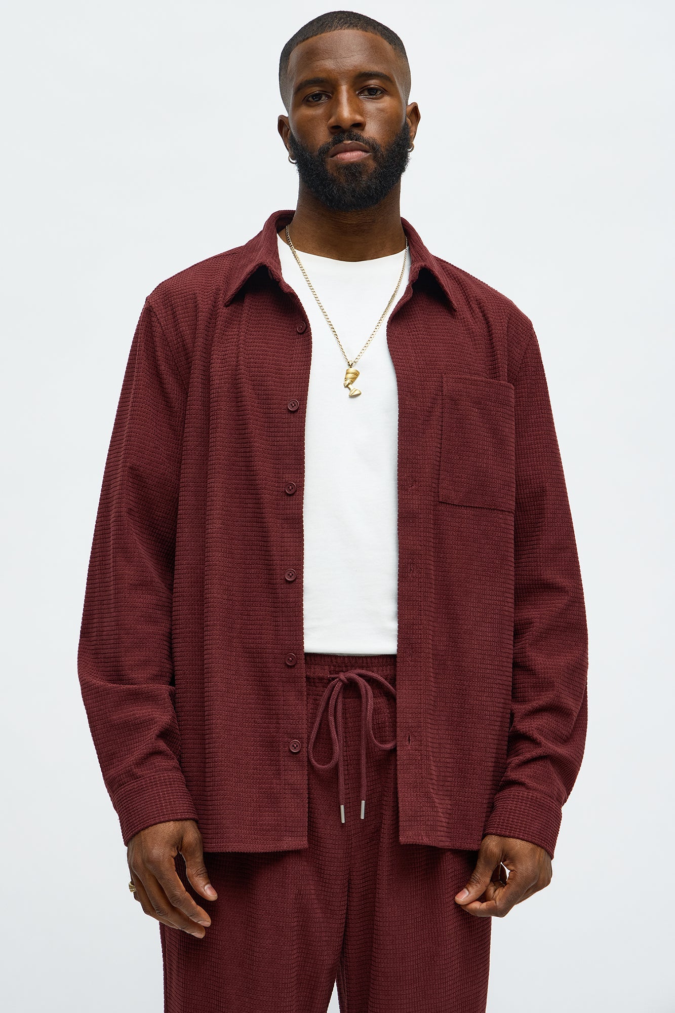 Slow Burn Textured Long Sleeve Button Up Shirt - Burgundy