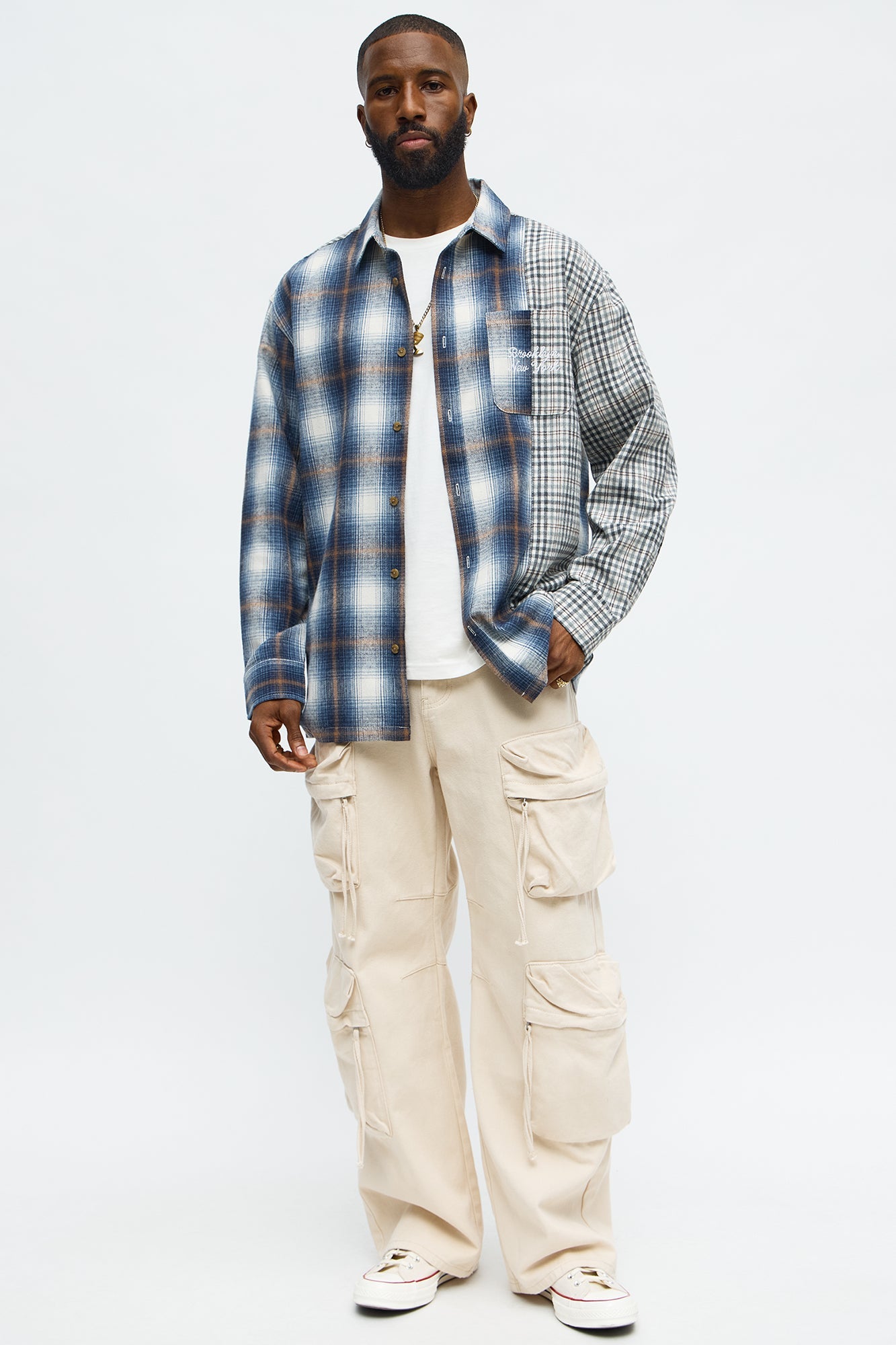 Patchwork Flannel Button Up Shirt - Blue/combo