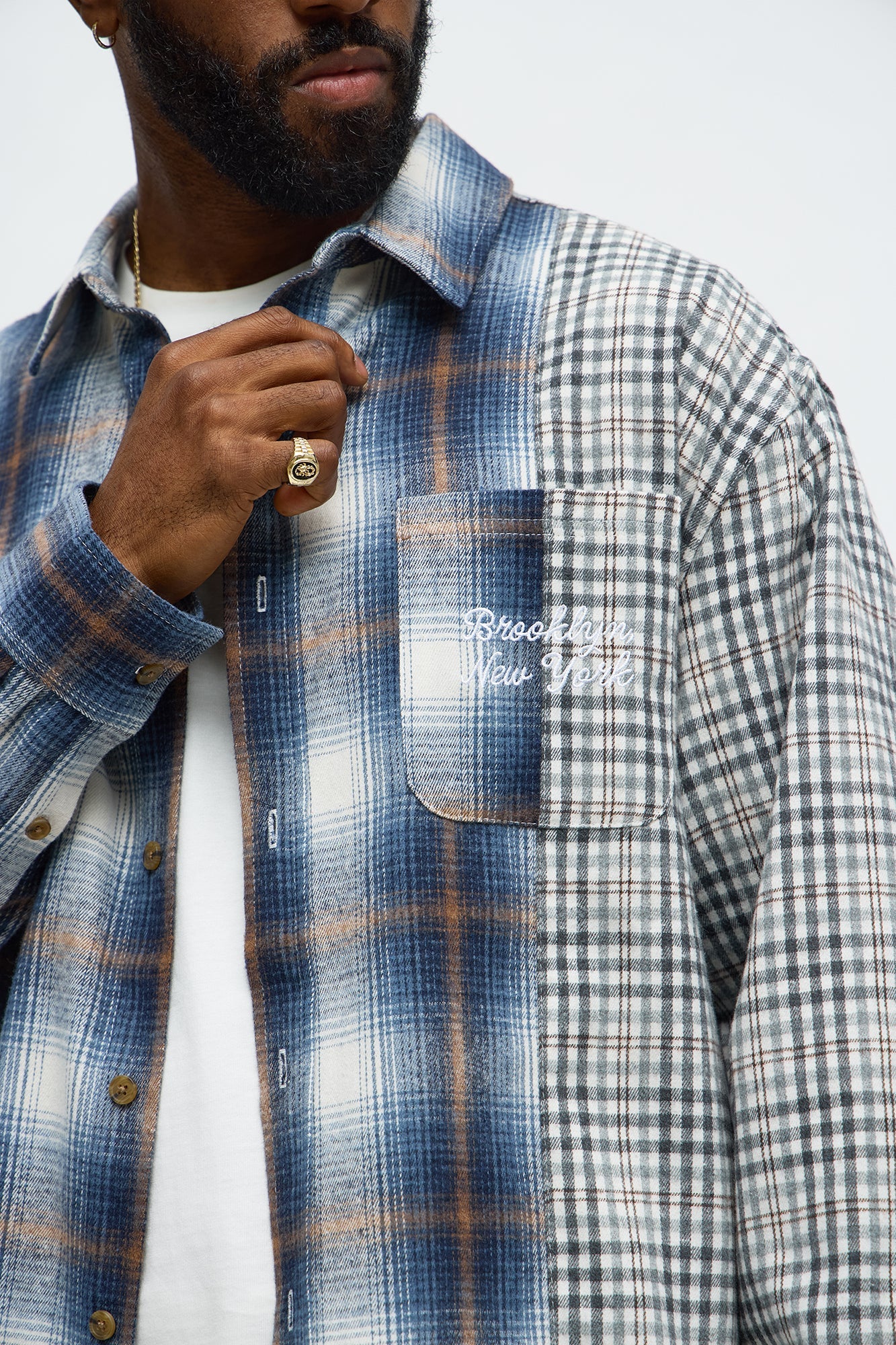 Patchwork Flannel Button Up Shirt - Blue/combo